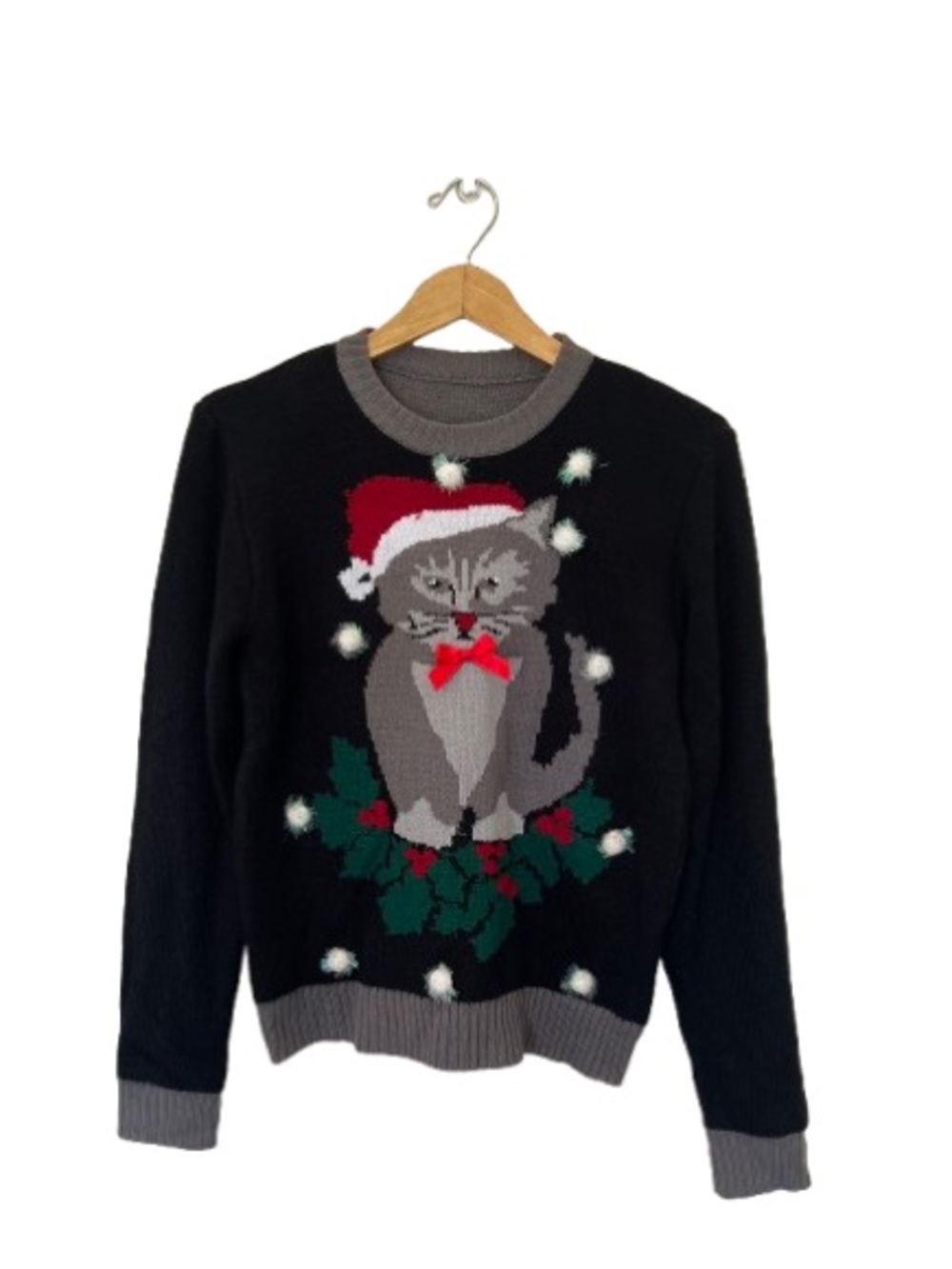 Womenβs Black Holiday Cat Sweater with Red Santa Hat